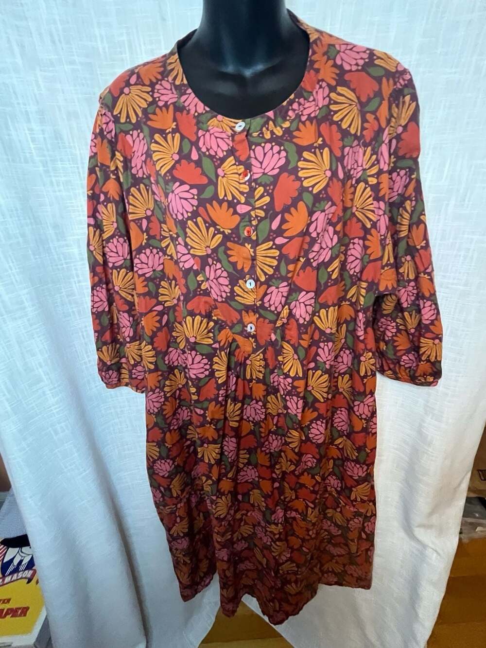 Gudrun Sjoden Fall Floral Boho Cotton Midi Dress Artsy Lagenlook XL Autumn
